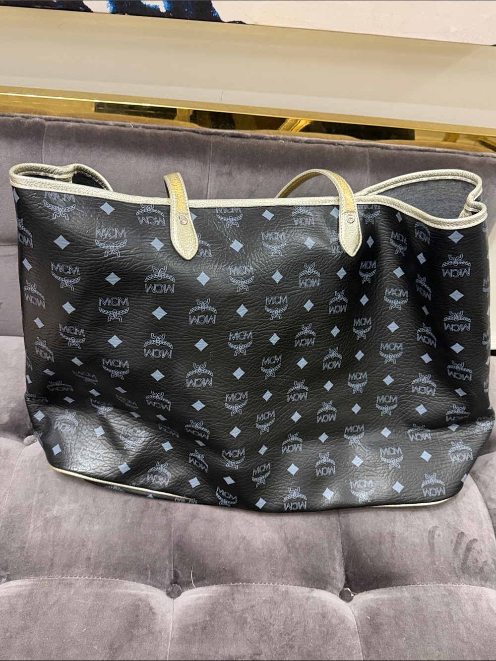 MCM Black Logo Tote with Pink and Yellow Stripe and Silver/Gold Trim - Picture 9 of 10